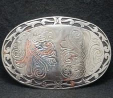 XA09138 VINTAGE 1970s  FLORAL ARTWORK  NATURE UNISEX SILVERTONE BELT BUCKLE