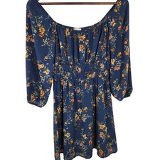 AUW Navy Blue Sheer Floral Babydoll Dress Balloon Sleeve Elastic Waist Size S