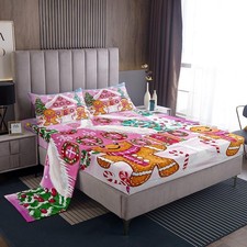 Kids Pink Merry Christmas Sheet Set Twin Size Xmas Tree Gingerbread Man Sheet...
