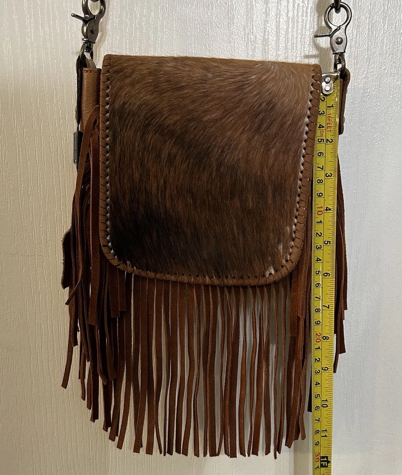Bolso Bandolera/Cartera Montana West Cabello Cuero Genuino con Flecos Marrón Claro Foto 4 de 4