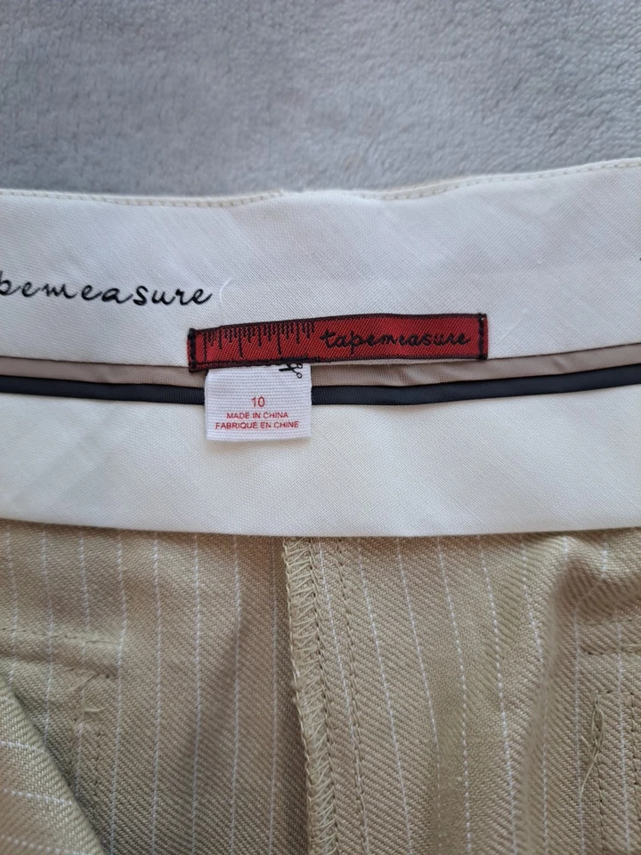 Pantalones para mujer cinta métrica beige a rayas mezcla de lino oficina carrera estilo 10 Foto 3 de 4