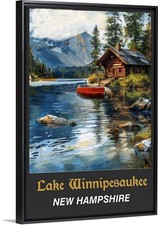 Lago Winnipesauke capanna di tronchi lago Mtns arte barca stampa su tela poster viaggio incorniciato