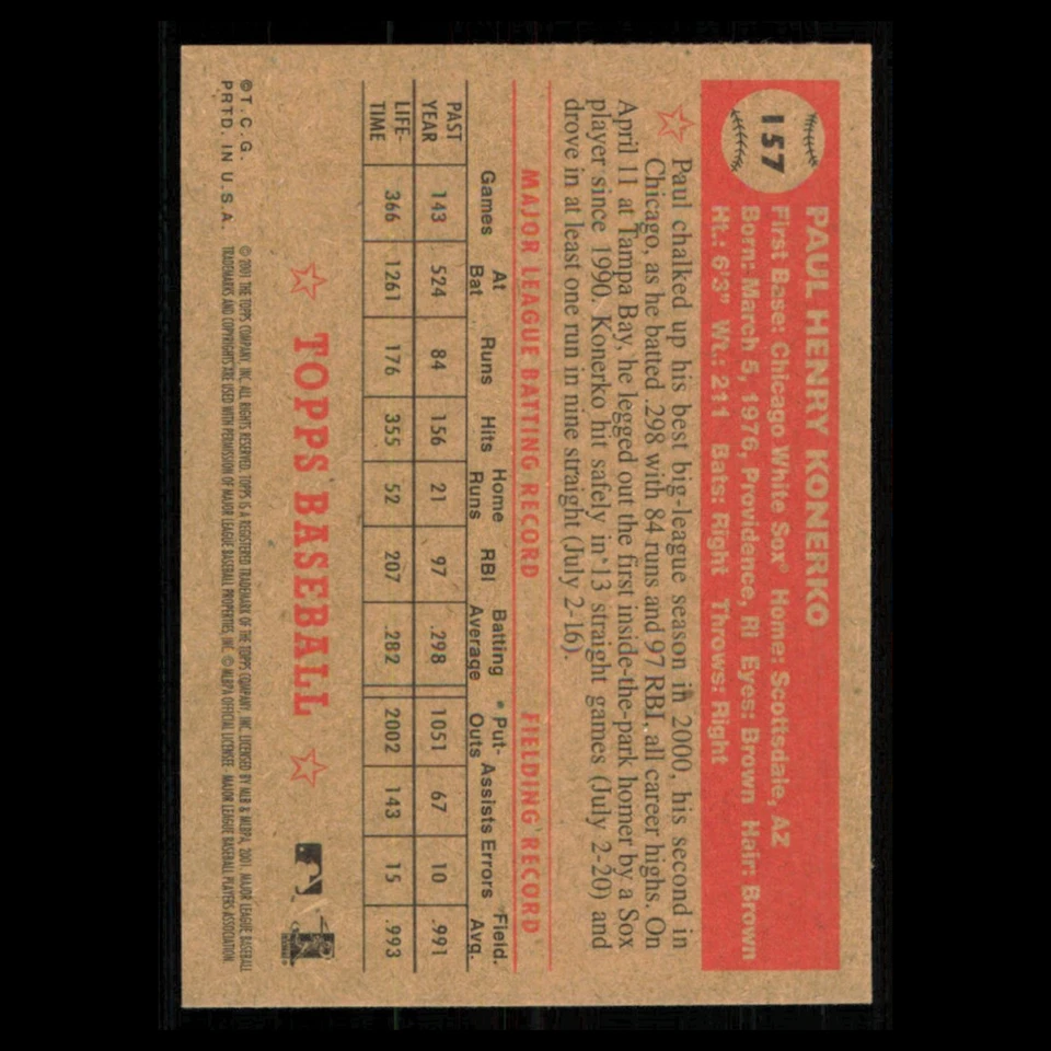 Paul Konerko #157 2001 Topps Heritage Chicago White Sox Baseball Card MLB NM - Image 2 of 3