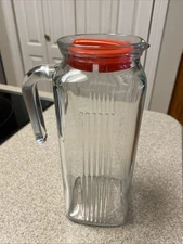 VINTAGE Pasabahce 10.5” Tall Ribbed Glass 1.5 Quart Pitcher w/ RED Lid EUC