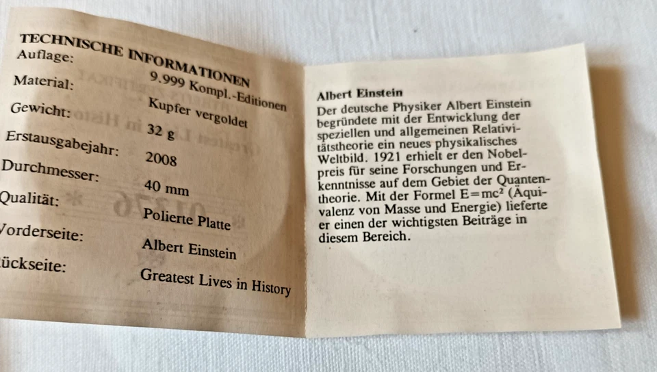 Medaille ALBERT EINSTEIN  Greatest Lives in History Cu vergoldet  2008 - Bild 3 von 4