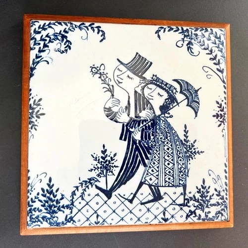 2 Vintage Bjorn Winblad Nymolle Denmark Ceramic & Wood Trivets – Rare! image 5