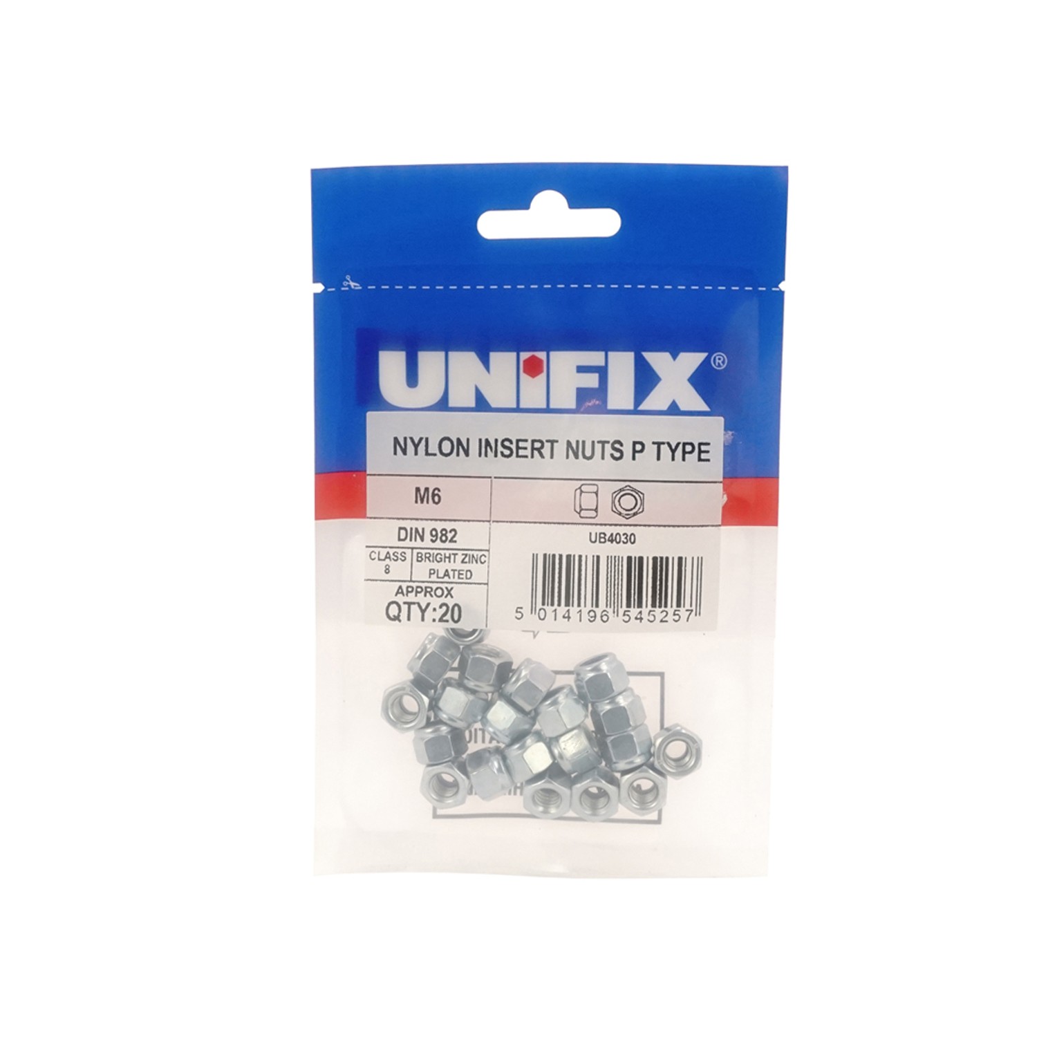 Unifix Class 8 Nylon Insert Nuts P Type DIN 982 BZP - M6