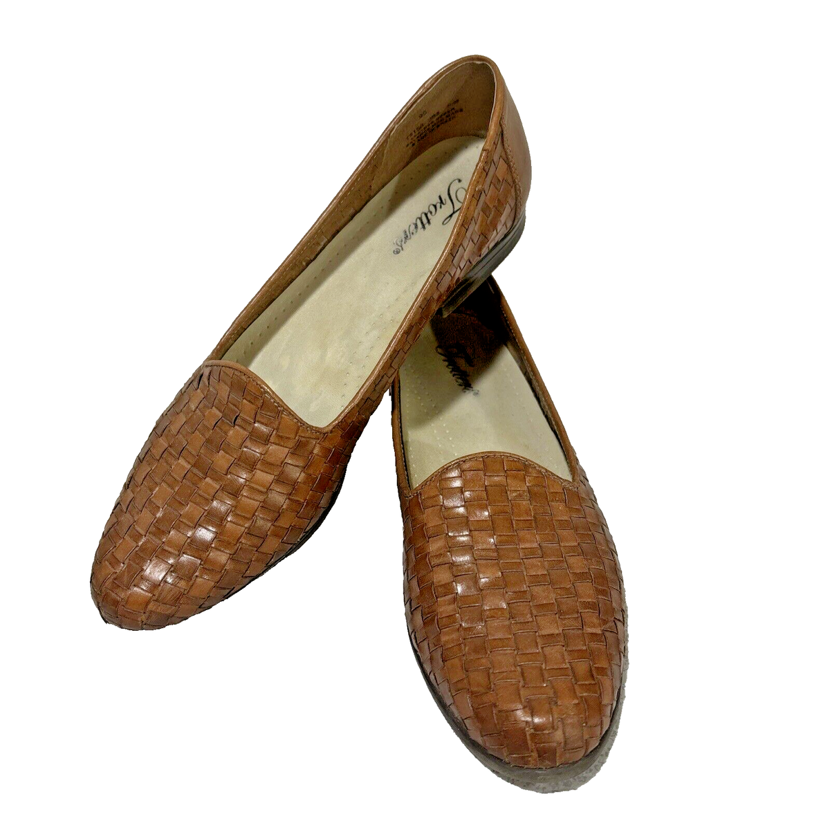 Trotters Brown Leather Flats Loafers US Size 9S Shoes Woven Uppers Classic  80's