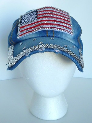 USA Flag Blue Denim Sequin Studded Distressed 100% Cotton 