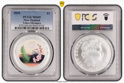 NEW ZEALAND COLORED CuNi 1$ UNC COIN 2020 YEAR TOKYO OLYMPIC PCGS