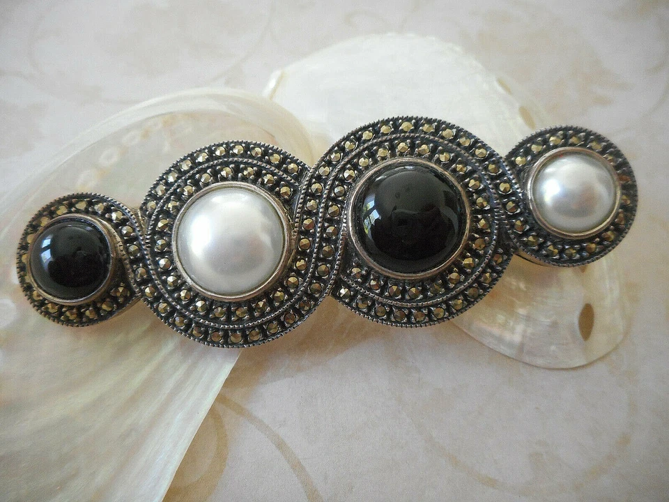 Judith Jack Sterling Silver Pearl Black Onyx Marcasite Brooch Pin    JJ2140B - Image 4 of 4