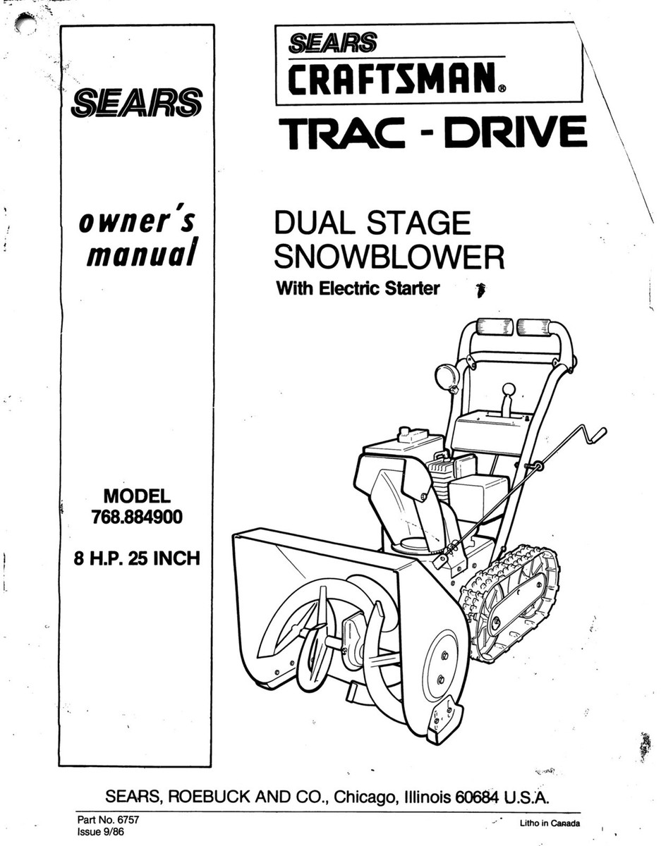 Owner's Manual Sears Craftsman 8.0 HP 25” Snow Thrower/Blower