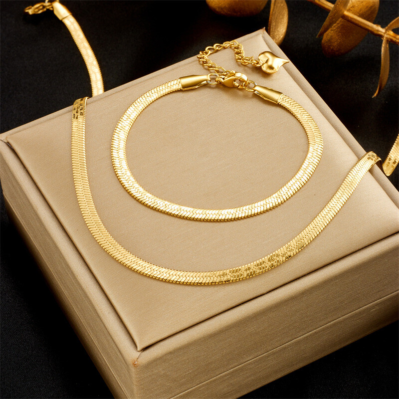 Women Jewelry Set 18K Gold Plated Stainless Steel Flat Bracelet