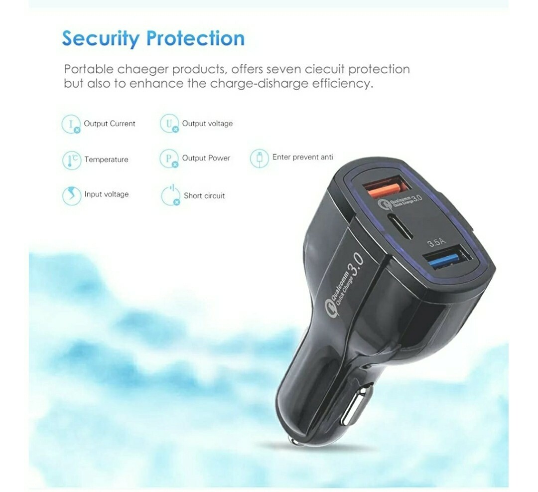 Caricabatterie Da Auto FAST PHONE 2 USB + Tipo C – Ricarica Rapida 75% Per IPhone E Android