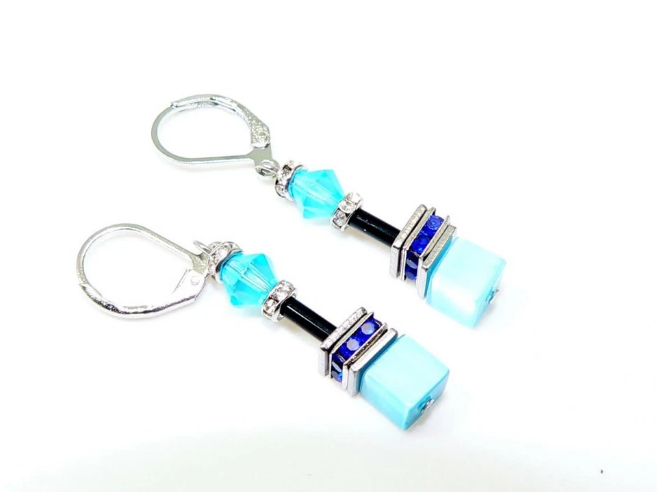 Ohrringe Ohrhänger Cube Würfel Cat Eye Kristall Glas türkis Strass blau 500i - Bild 2 von 4