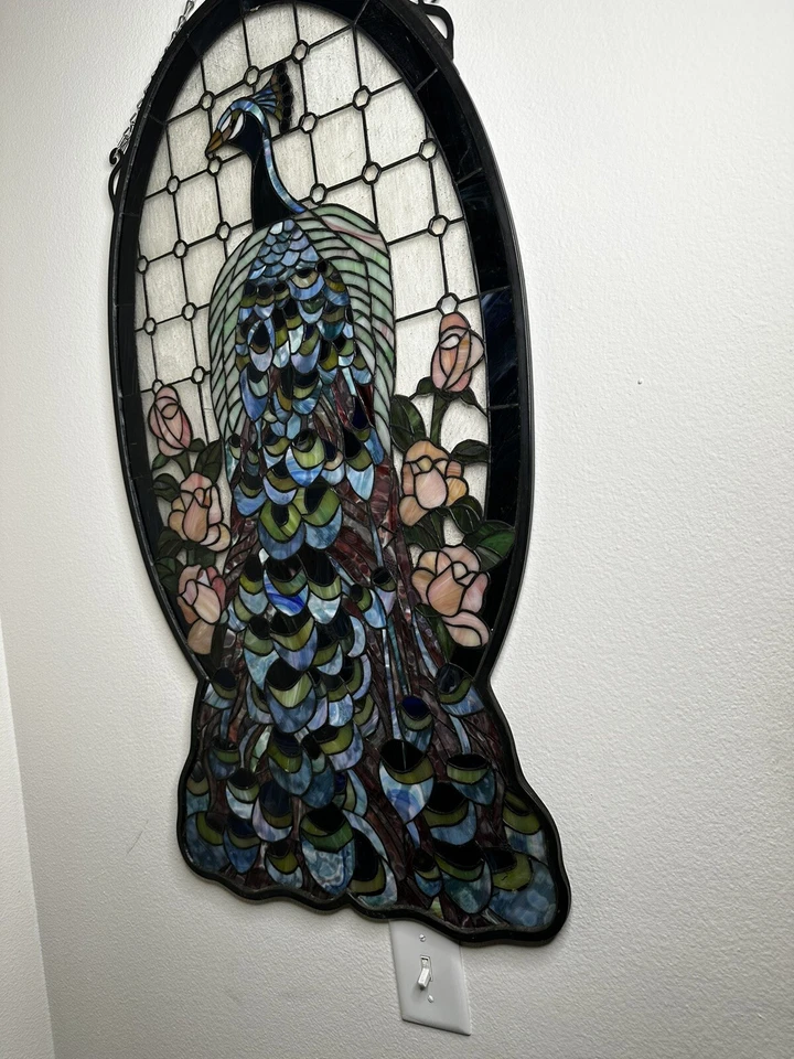 Peacock Profile Stained Glass Window 38H X 20W - Image 3 of 4