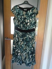 M&S PER UN 14R BLACK MIX PRINT FIT & FLARE? BOX PLEAT TAILORED DRESS CAP SLEEVE