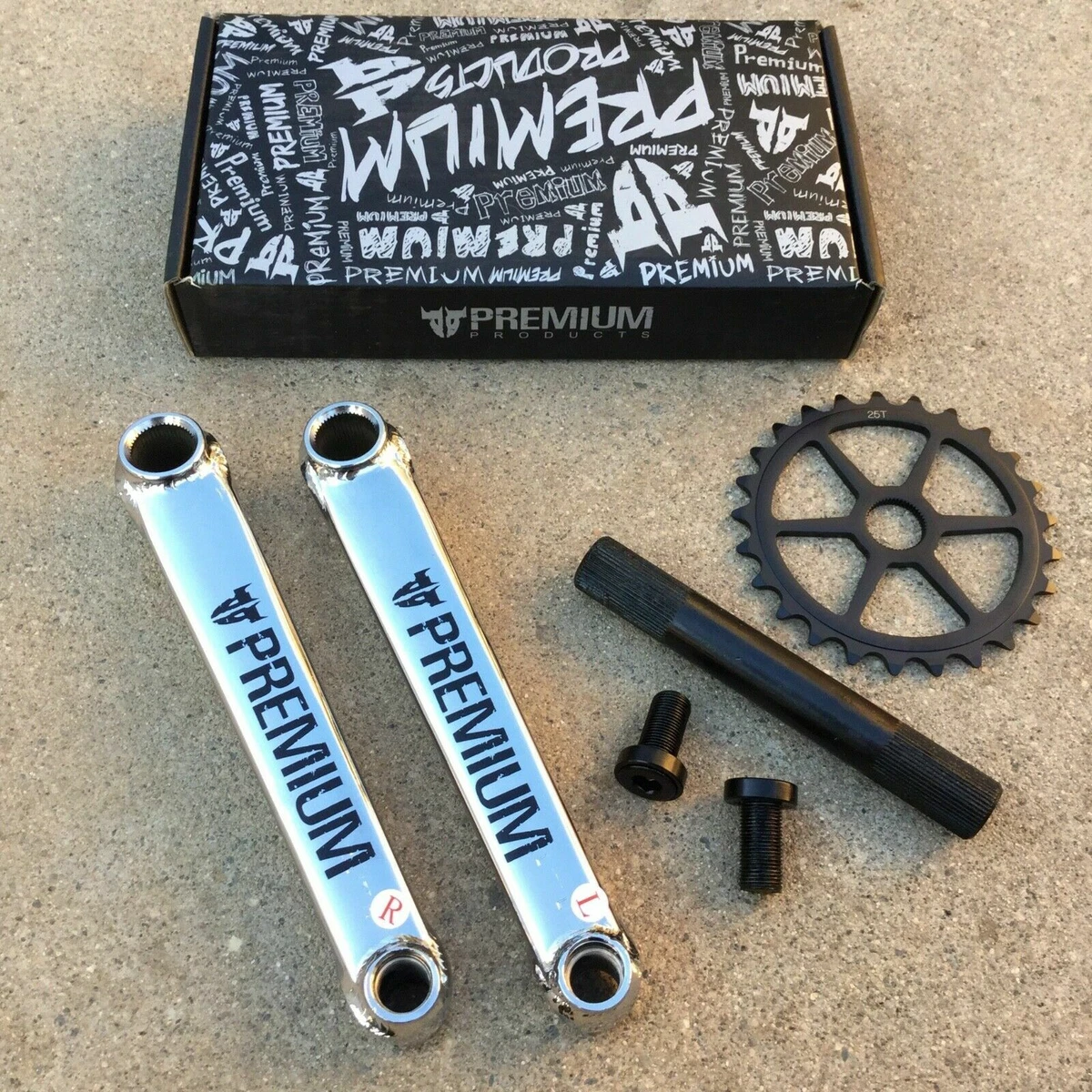 PREMIUM 1948 CHROME CRANK COMBO W BLACK SPROCKET BMX BIKE CRANKS