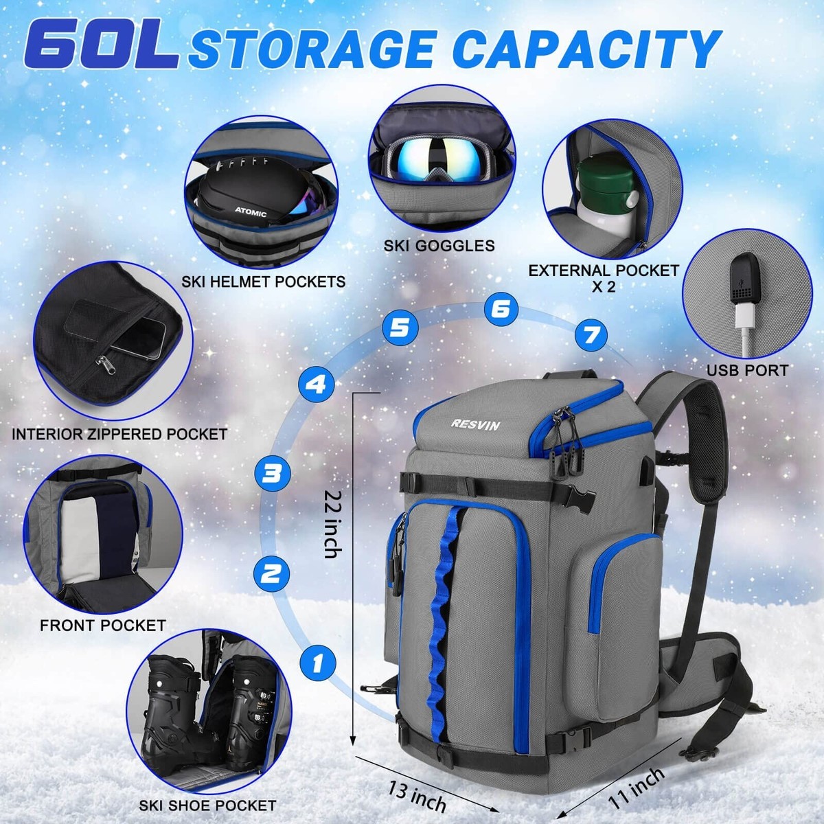 RESVIN Ski Boot Bag, 60L Durable Travel Backpack, 1680D Nylon