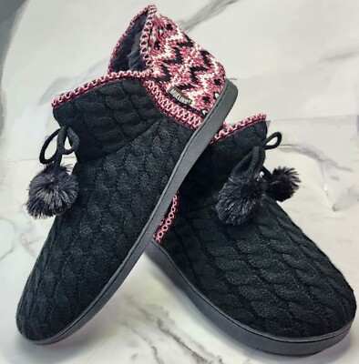 Muk Luks Faux Fur Boots Slipper Womens Sz L 9-10 Black Knit Lined Amira  Booties