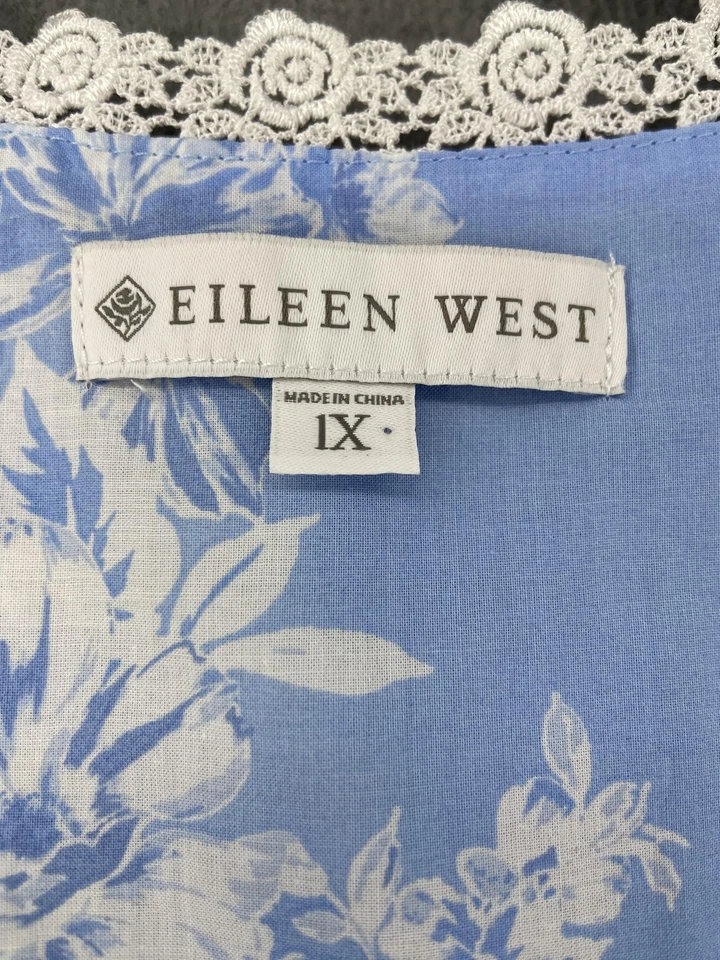 Eileen West Nightgown Womens 1X Blue Floral Lace Trim Cotton Long Light Coastal - Image 4 of 4