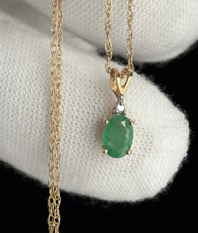 复古 14k 黄金翡翠和钻石吊坠绳链 18 英寸项链女士 — 第 4/4 张图片