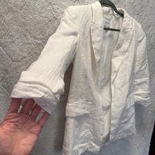 White Textured Cotton Blazer S Open Front Ruched Sleeve Work Office Linen Look