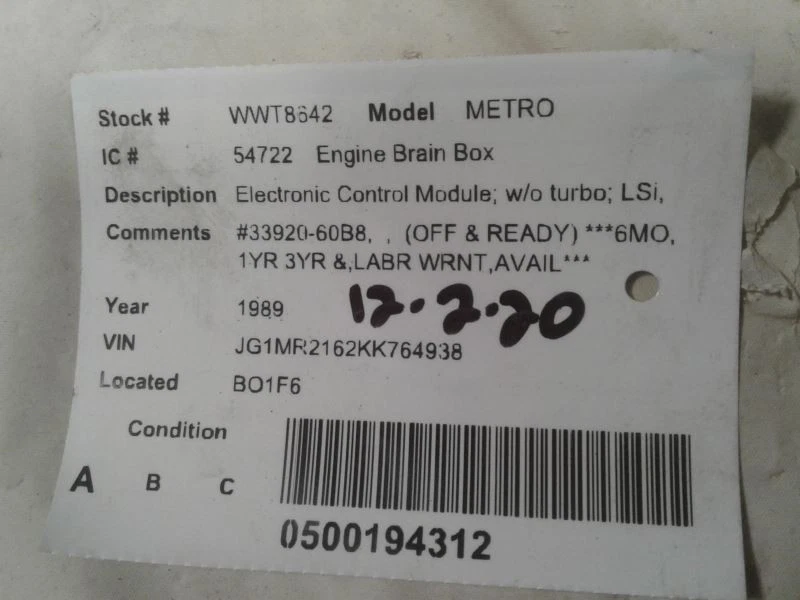 Motor Computadora ECM ECU PCM Módulo 89 1989 Geo Metro 33920-60B8 Foto 3 de 3