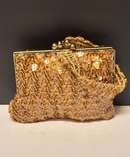 Antique 1930s Gold Sequins Beaded Flapper Coin Purse W/Strap Double Kiss Closure