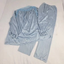 Vintage Val Mode 2 Piece Blue Pajama Set Lace Petite Small Boat neck Babydoll