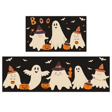 2 Pcs Kitchen Rugs Non Slip Mats,Black, White,Ghost Halloween Ghost Print, Non-S