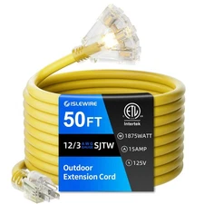50 FT Outdoor Extension Cord with Multiple Outlets, 12 Gauge Heavy Duty Yello...