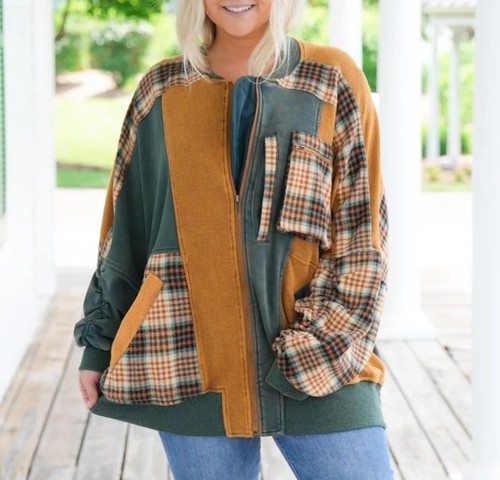 Oli & Hali Jacket Plaid Patchwork Oversized Mineral Wash Jacket Size Medium