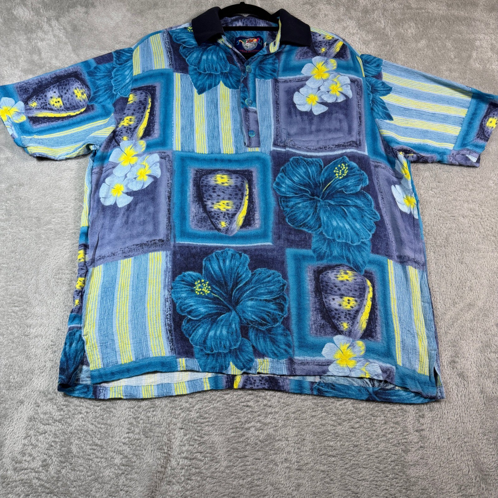 Vintage Jams World Polo Shirt Mens Medium Blue Floral Ariel Blue Pattern
