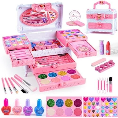 66pcs Kids Makeup Set - Real Cosmetic Kit with Mirror, Washable & Non-Toxic, Per