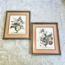 2 Jean Baptiste Monnoyer Print Colored Etching N De Poilly Floral XL Framed Vtg