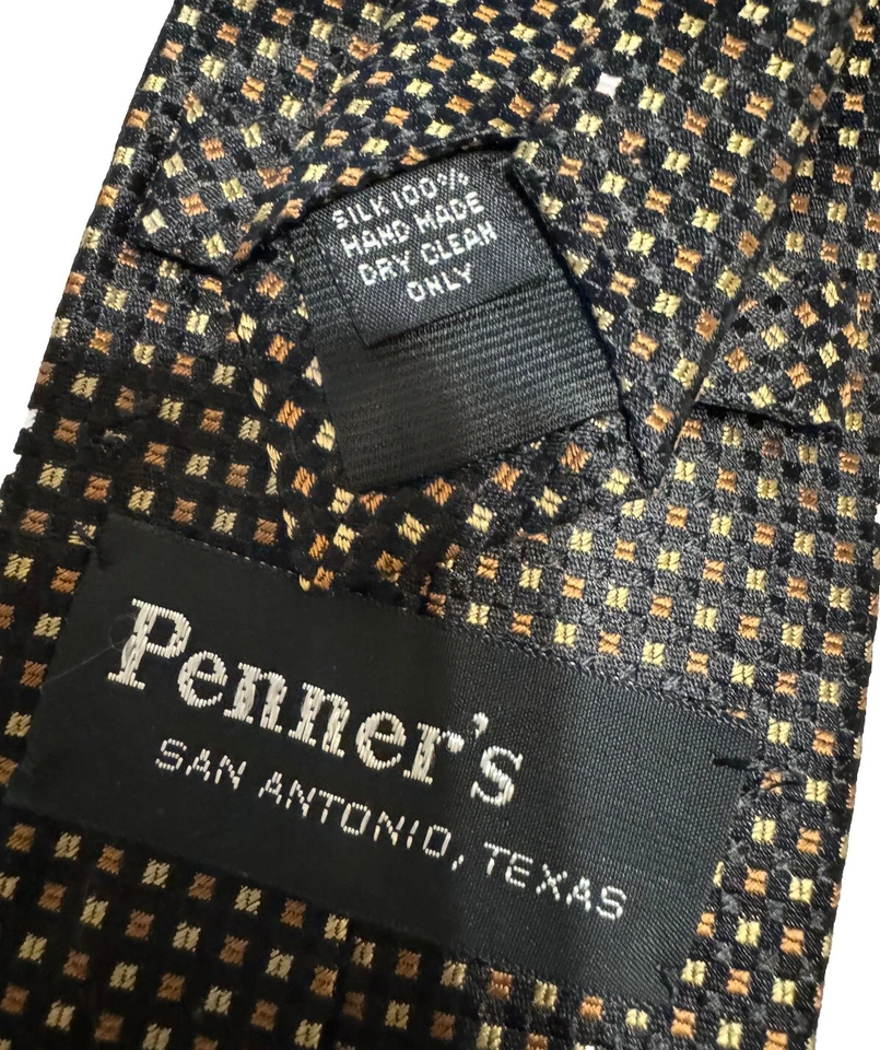 Corbata de otoño negra vintage Penner’s San Antonio para hombre con cuadrados dorados/naranja quemado 60” Foto 2 de 4