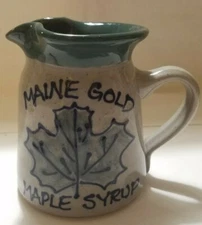 Great Bay Pottery, Souvenir Maine Gold Maple Syrup Pitcher Handmade 12 oz