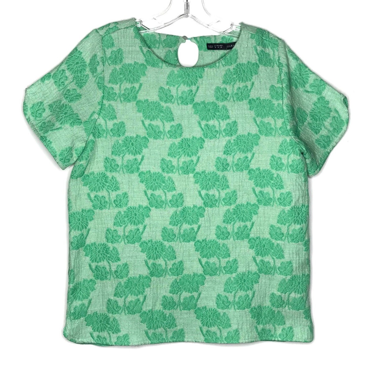 Zara Floral Textured Short Sleeve Top Womens Size M Green Jacquard 