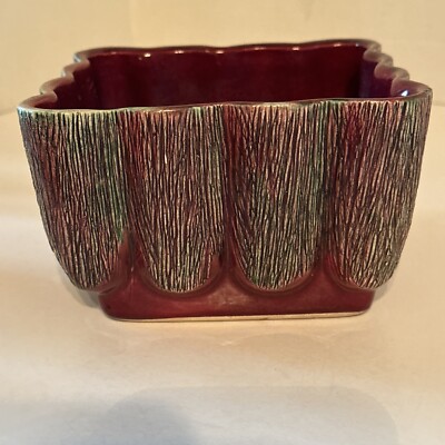 VINTAGE ABORN CALIFORNIA POTTERY CERAMIC PLANTER RECTANGULAR Burgundy BAMBOO