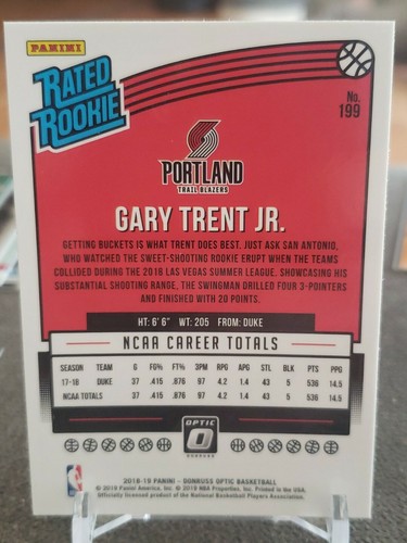 2018-19 Gary Trent Jr. Panini Donruss Optic Rookie RC #199 Portland Trailblazers - Imagen 2 de 2