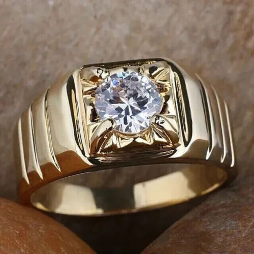 Męskie pierścionki zaręczynowe 2-karatowe okrągłe cięcie stworzone w laboratorium diament 14k żółte pozłacane - Zdjęcie 1 z 4