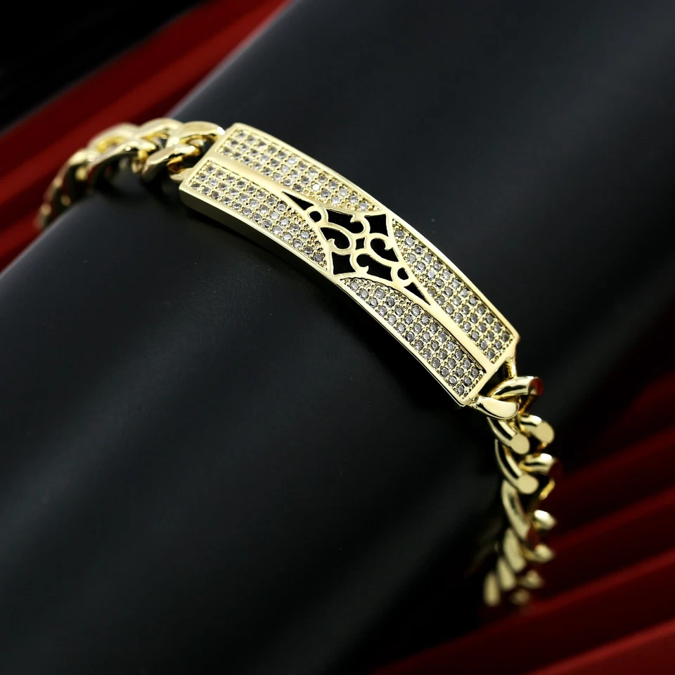 VINTAGE FILIGREE 9K GOLD GF SIMULATED DIAMOND ID BAR CURB CHAIN BANGLE BRACELET - Image 2 of 4