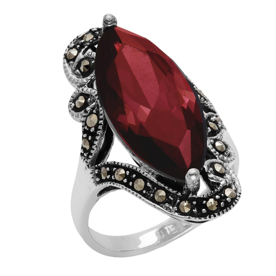 Silverly Anello Argento 925 Solitario Zircone Rosso Ovale Marcasite - Immagine 2 di 4