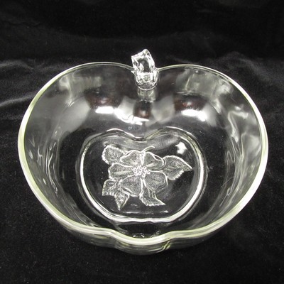 Hazel Atlas Orchard Apple Blossom Serving Bowl 10' Vintage Pressed Glass MCM