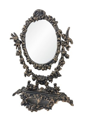 Art Nouveau Style Cast Iron Tilting Oval Mirror on Stand w/ Trinket Tray 13 x 9''