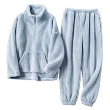 Womens Fluffy Pajamas Set Warm Fleece Pjs Half Zip Pullover Pants Medium Blue