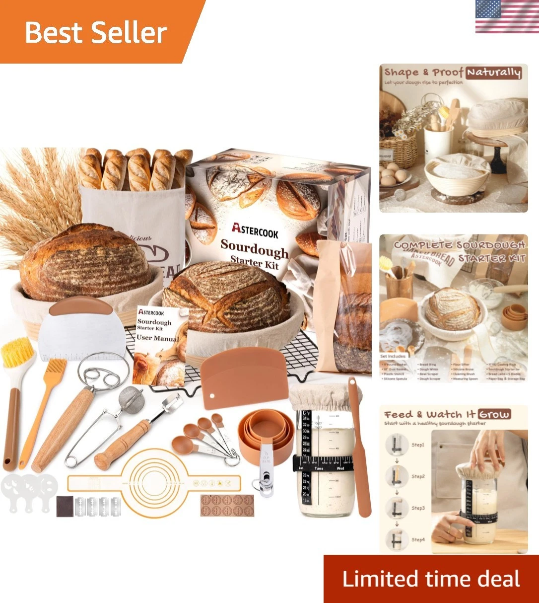 Sourdough Starter Kit with Round & Oval Banneton Bread Proofing Basket, Bread...
