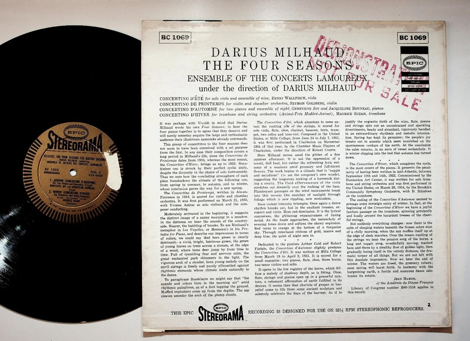 Milhaud - The Four Seasons LP Record 33 RPM Stereorama Epic BC1069 - Image 2 of 2