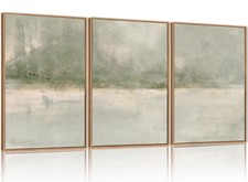 Grey Green Abstract Canvas Wall Art Set 3, Neutral Landscape Framed Prints, M...